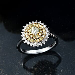 D'Joy Natural Yellow Diamond, White Diamond Floral Ring in Rhodium Over Sterling Silver 1.00 ctw (Size 8.0)
