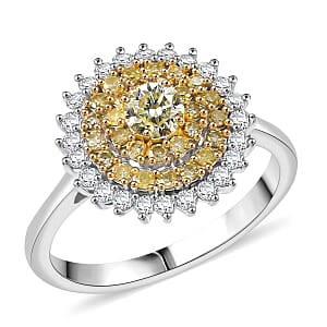 D'Joy Natural Yellow Diamond, White Diamond Floral Ring in Rhodium Over Sterling Silver 1.00 ctw (Size 9.0)