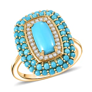 D'Joy Premium Sleeping Beauty Turquoise and White Zircon 3.40 ctw Crown Mosaic Ring in 18K Vermeil Yellow Gold Over Sterling Silver (Size 6.0)