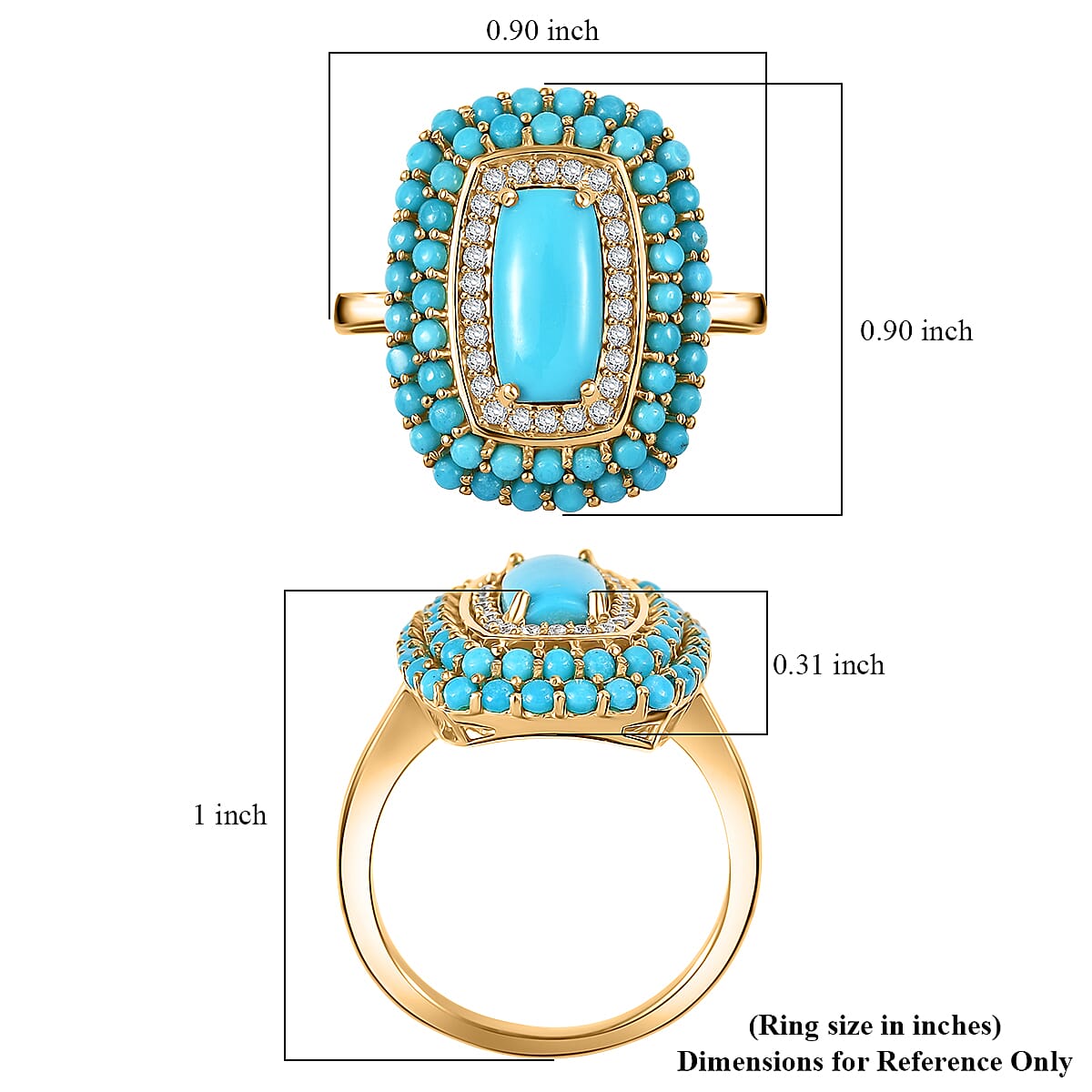 D'Joy Premium Sleeping Beauty Turquoise and White Zircon 3.40 ctw Crown Mosaic Ring in 18K Vermeil Yellow Gold Over Sterling Silver (Size 7.0) image number 5