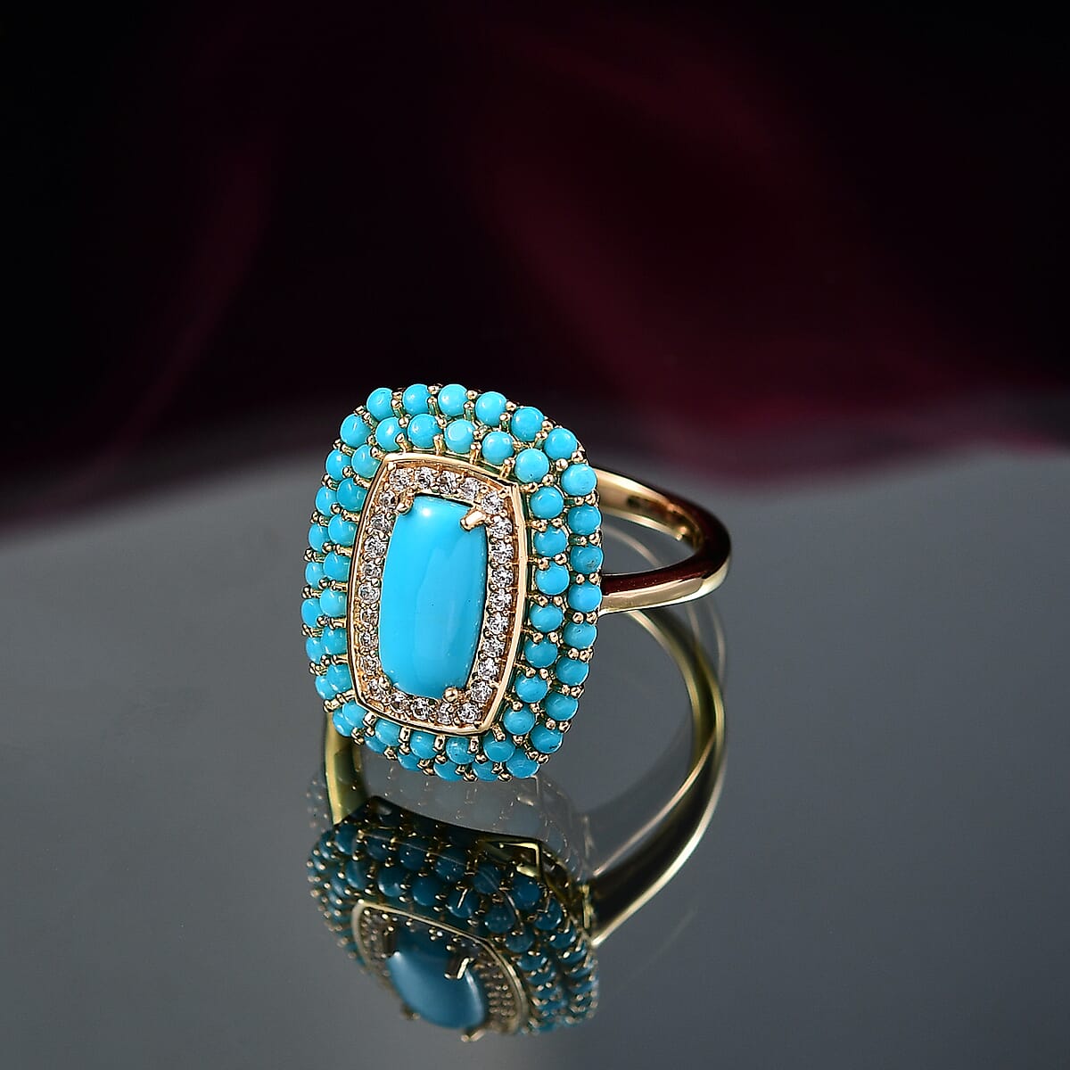 D'Joy Premium Sleeping Beauty Turquoise and White Zircon 3.40 ctw Crown Mosaic Ring in 18K Vermeil Yellow Gold Over Sterling Silver (Size 8.0) image number 1