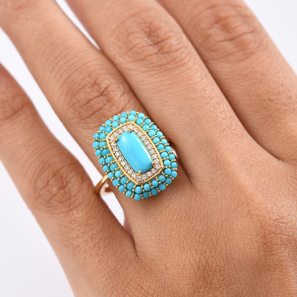 D'Joy Premium Sleeping Beauty Turquoise and White Zircon 3.40 ctw Crown Mosaic Ring in 18K Vermeil Yellow Gold Over Sterling Silver (Size 8.0) image number 2