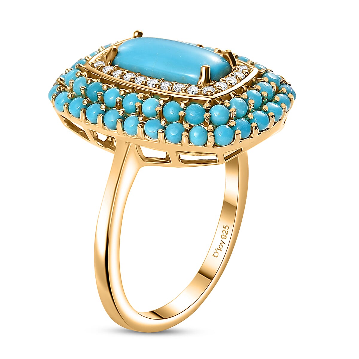 D'Joy Premium Sleeping Beauty Turquoise and White Zircon 3.40 ctw Crown Mosaic Ring in 18K Vermeil Yellow Gold Over Sterling Silver (Size 8.0) image number 3