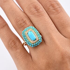 D'Joy Sleeping Beauty Turquoise, White Zircon Mosaic Ring in 18K Vermeil YG Over Sterling Silver 3.40 ctw (Size 9.0)