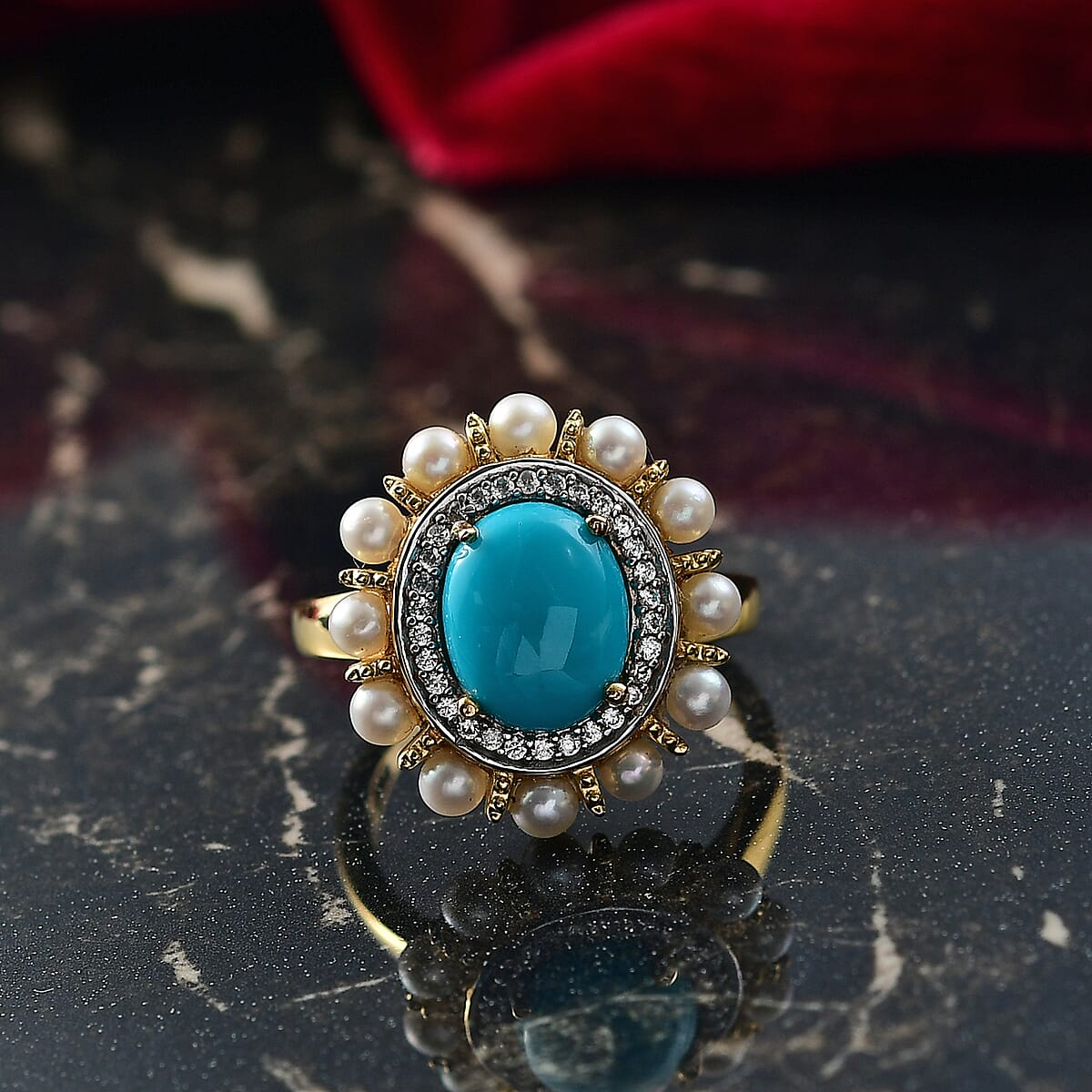 D'Joy Sleeping Beauty Turquoise and Multi Gemstone 2.90 ctw Ocean Empress Ring in 18K Vermeil Yellow Gold Over Sterling Silver (Size 10.0) image number 1