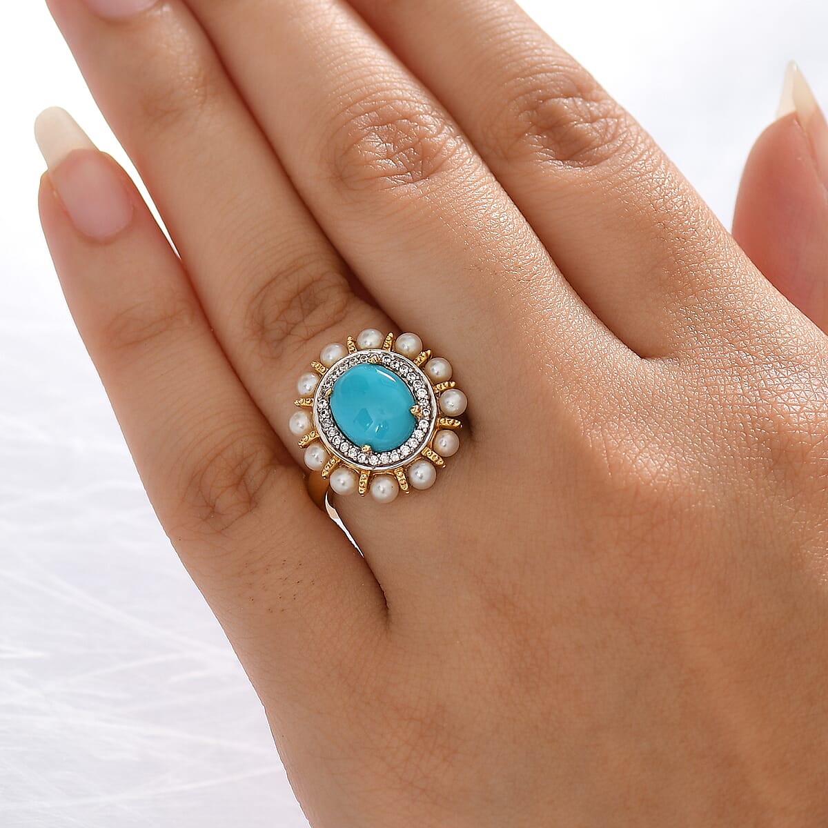 D'Joy Sleeping Beauty Turquoise and Multi Gemstone 2.90 ctw Ocean Empress Ring in 18K Vermeil Yellow Gold Over Sterling Silver (Size 6.0) image number 2