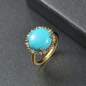 Sleeping Beauty Turquoise and Luxuriant Lab Grown Multi Diamond 6.75 ctw Royal Bloom Fire Ring in 18K Vermeil Yellow Gold Over Sterling Silver (Size 7.0)