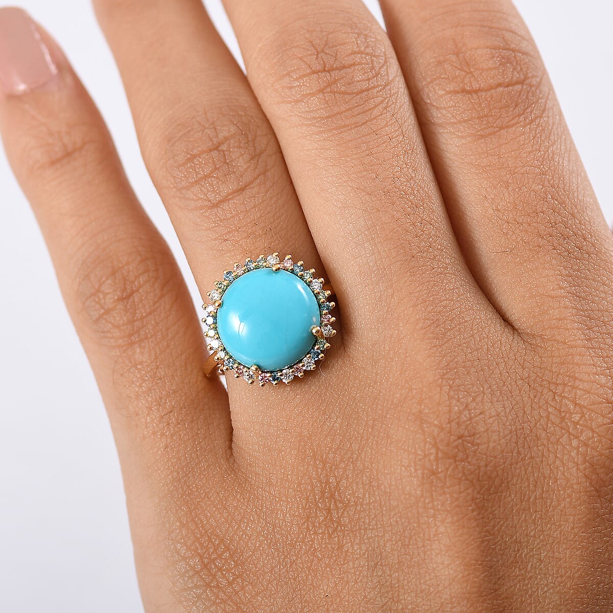Sleeping Beauty Turquoise and Luxuriant Lab Grown Multi Diamond 6.75 ctw Royal Bloom Fire Ring in 18K Vermeil Yellow Gold Over Sterling Silver (Size 7.0) image number 2