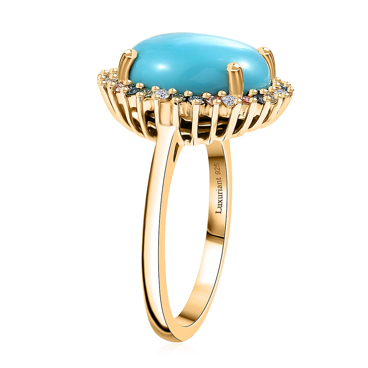Sleeping Beauty Turquoise and Luxuriant Lab Grown Multi Diamond 6.75 ctw Royal Bloom Fire Ring in 18K Vermeil Yellow Gold Over Sterling Silver (Size 7.0) image number 3