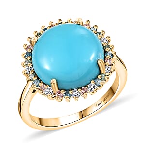 Sleeping Beauty Turquoise and Luxuriant Lab Grown Multi Diamond 6.75 ctw Royal Bloom Fire Ring in 18K Vermeil Yellow Gold Over Sterling Silver (Size 9.0)
