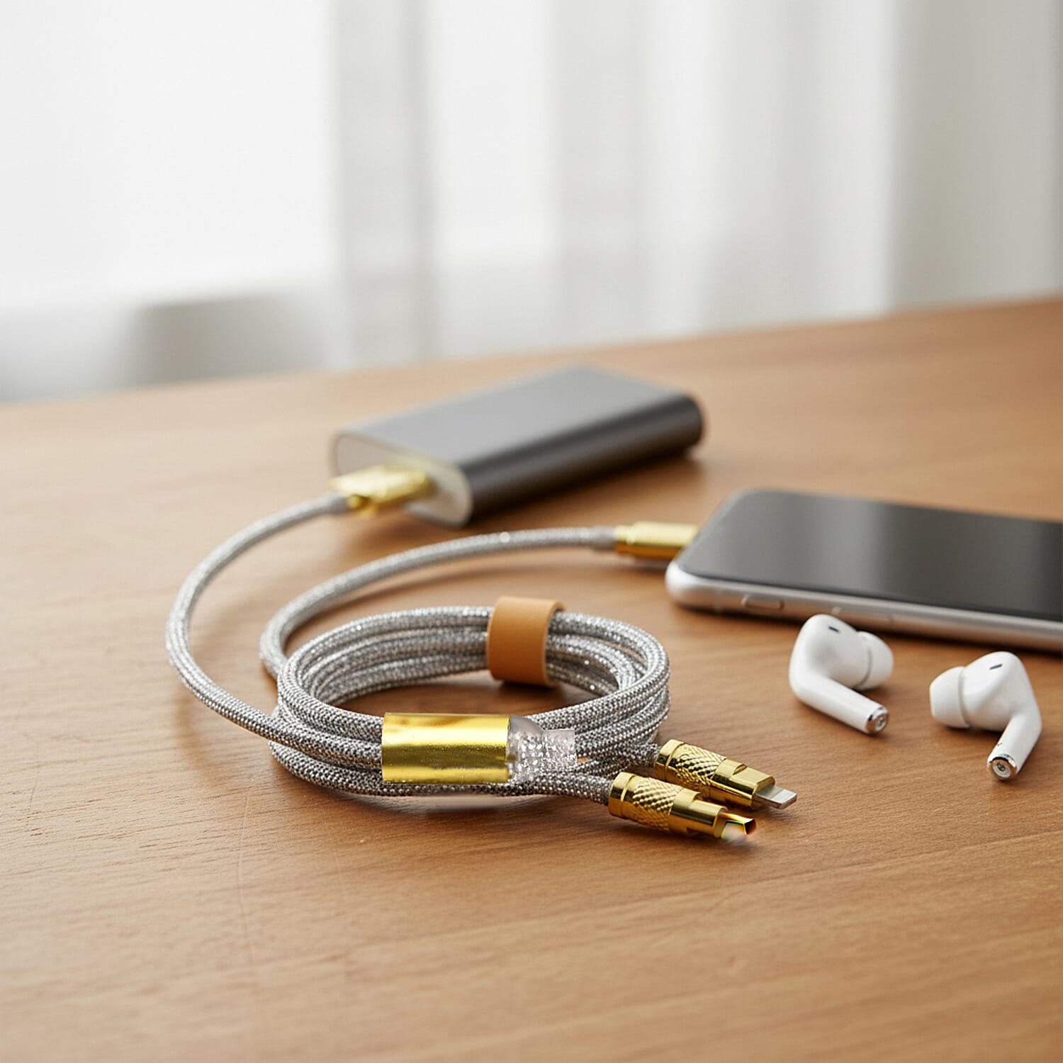 3 IN 1 Crystal Charging Cable with Strap Holder - Silver