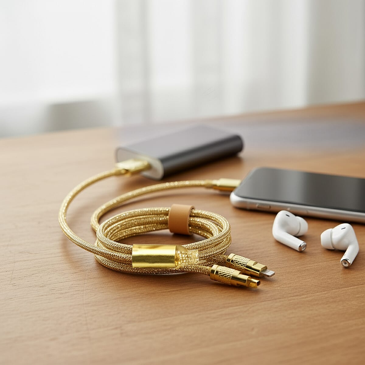 3 IN 1 Crystal Charging Cable with Strap Holder - Gold image number 1