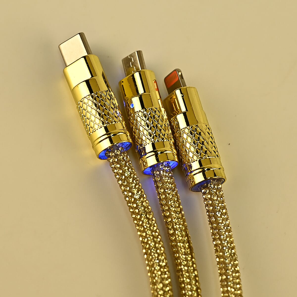 3 IN 1 Crystal Charging Cable with Strap Holder - Gold image number 2