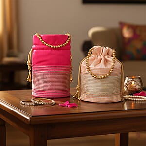 Livmore Fuchsia & Baby Pink Set of 2 Handcrafted Zardozi Work Potli Bag