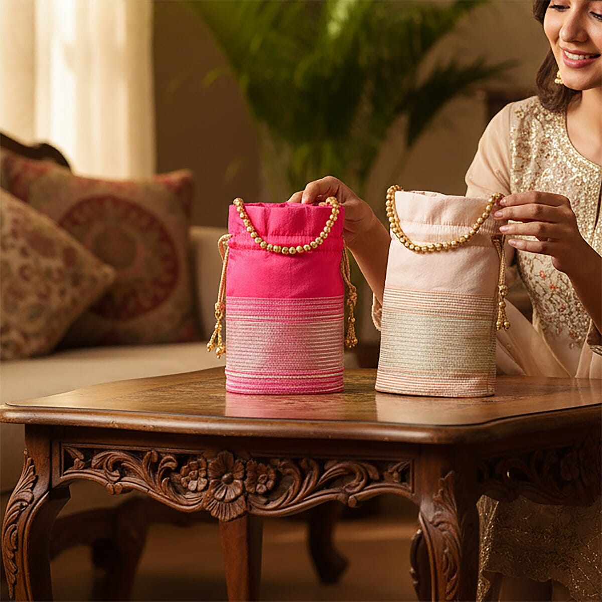 Livmore Fuchsia & Baby Pink Set of 2 Handcrafted Zardozi Work Potli Bag image number 5