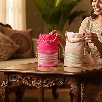 Livmore Fuchsia & Baby Pink Set of 2 Handcrafted Zardozi Work Potli Bag