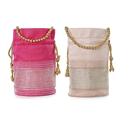 Livmore Fuchsia & Baby Pink Set of 2 Handcrafted Zardozi Work Potli Bag