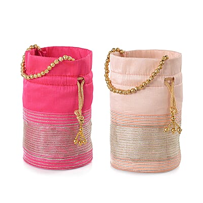 Livmore Fuchsia & Baby Pink Set of 2 Handcrafted Zardozi Work Potli Bag