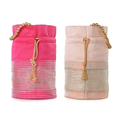Livmore Fuchsia & Baby Pink Set of 2 Handcrafted Zardozi Work Potli Bag