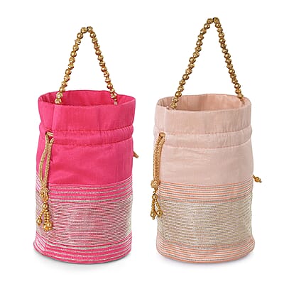 Livmore Fuchsia & Baby Pink Set of 2 Handcrafted Zardozi Work Potli Bag