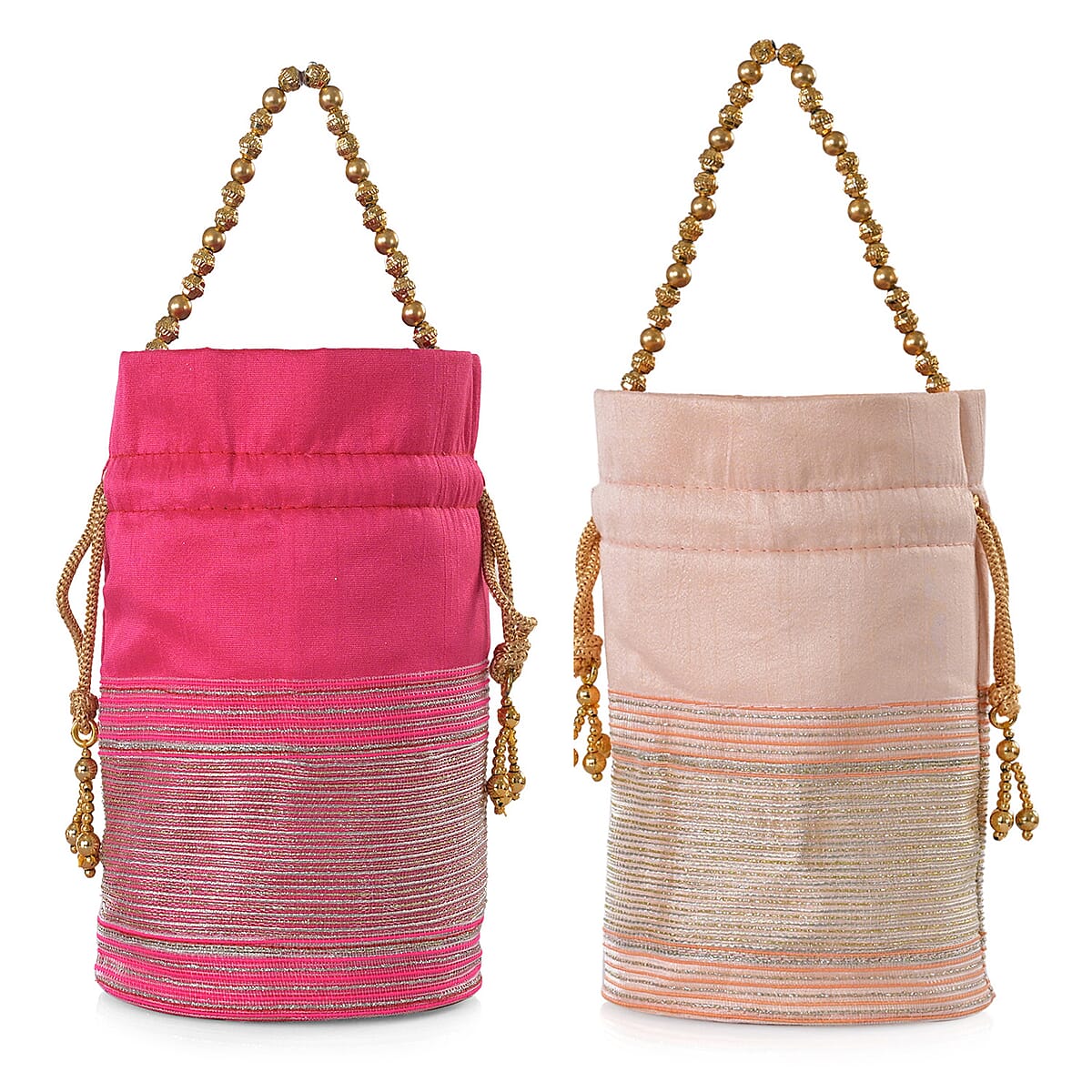 Livmore Fuchsia & Baby Pink Set of 2 Handcrafted Zardozi Work Potli Bag image number 10