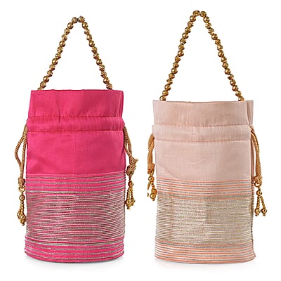 Livmore Fuchsia & Baby Pink Set of 2 Handcrafted Zardozi Work Potli Bag