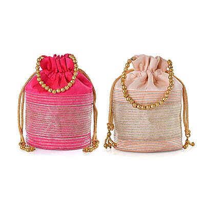 Livmore Fuchsia & Baby Pink Set of 2 Handcrafted Zardozi Work Potli Bag