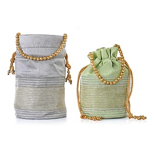 Livmore Silver Gray & Pistachio Set of 2 Handcrafted Zardozi Work Potli Bag