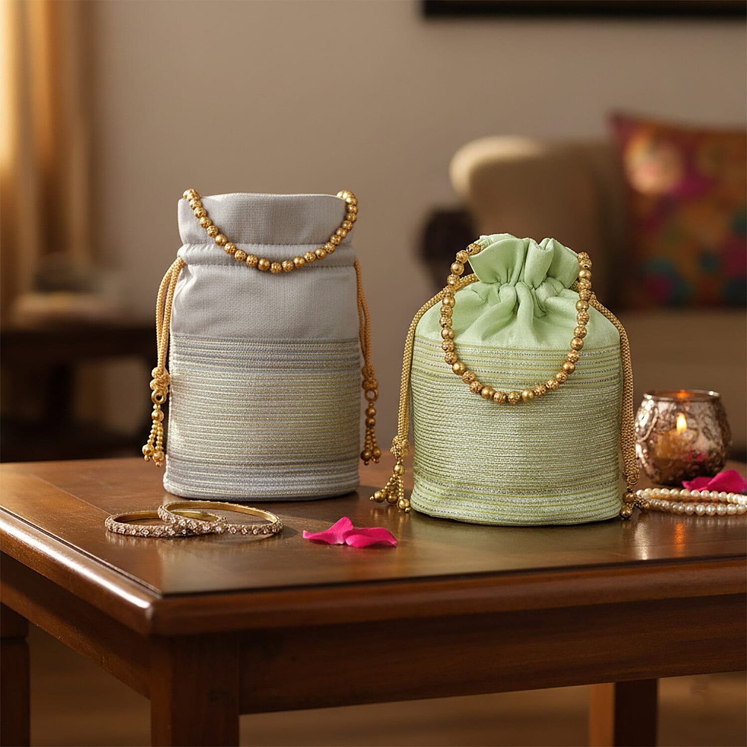 Livmore Silver Gray & Pistachio Set of 2 Handcrafted Zardozi Work Potli Bag
