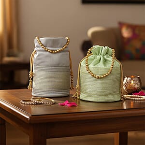 Livmore Silver Gray & Pistachio Set of 2 Handcrafted Zardozi Work Potli Bag