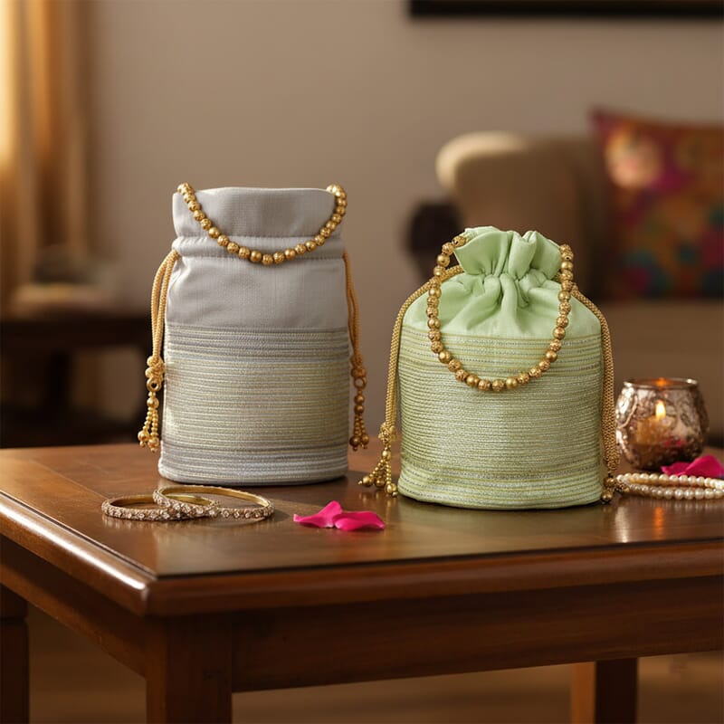 Livmore Silver Gray & Pistachio Set of 2 Handcrafted Zardozi Work Potli Bag