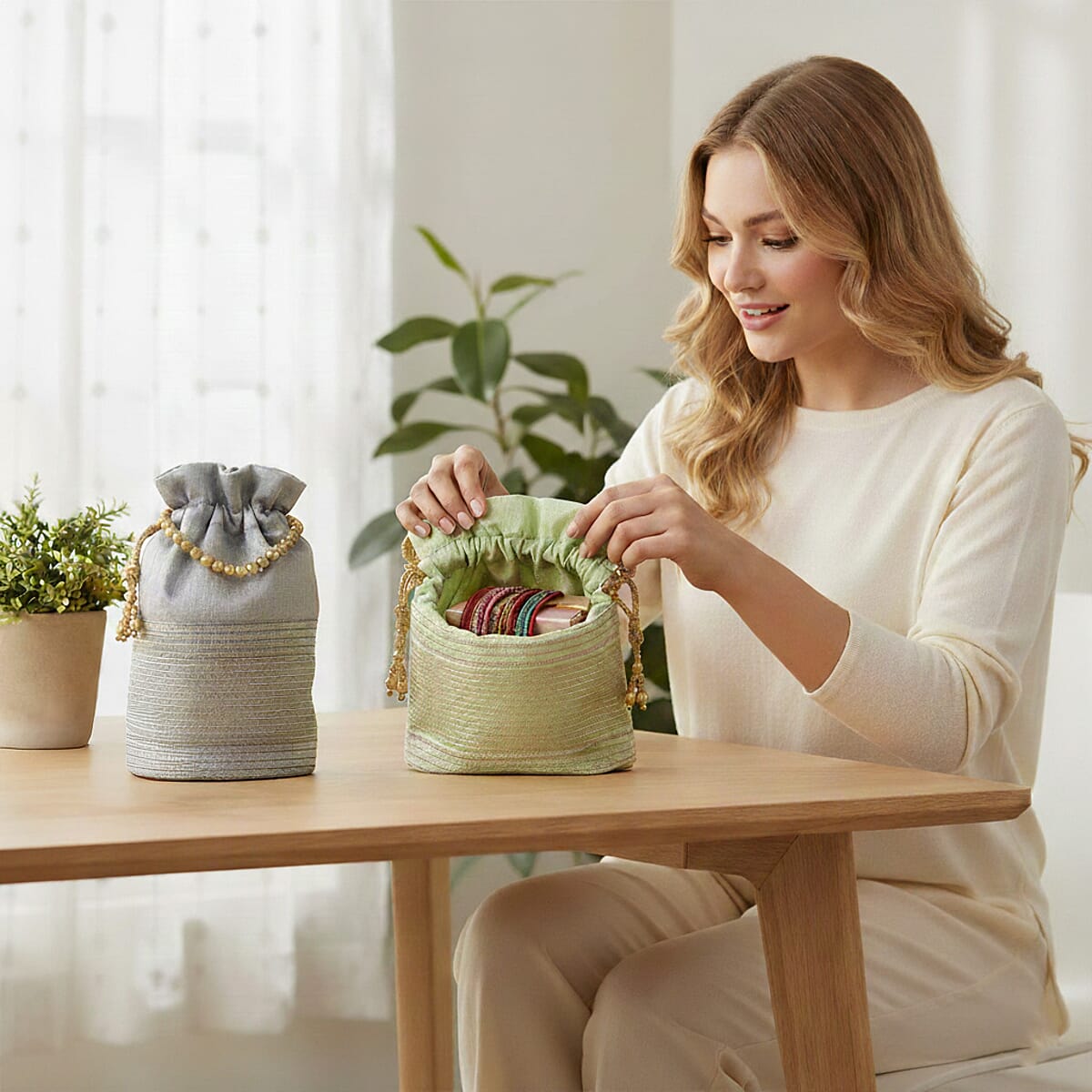 Livmore Silver Gray & Pistachio Set of 2 Handcrafted Zardozi Work Potli Bag image number 4