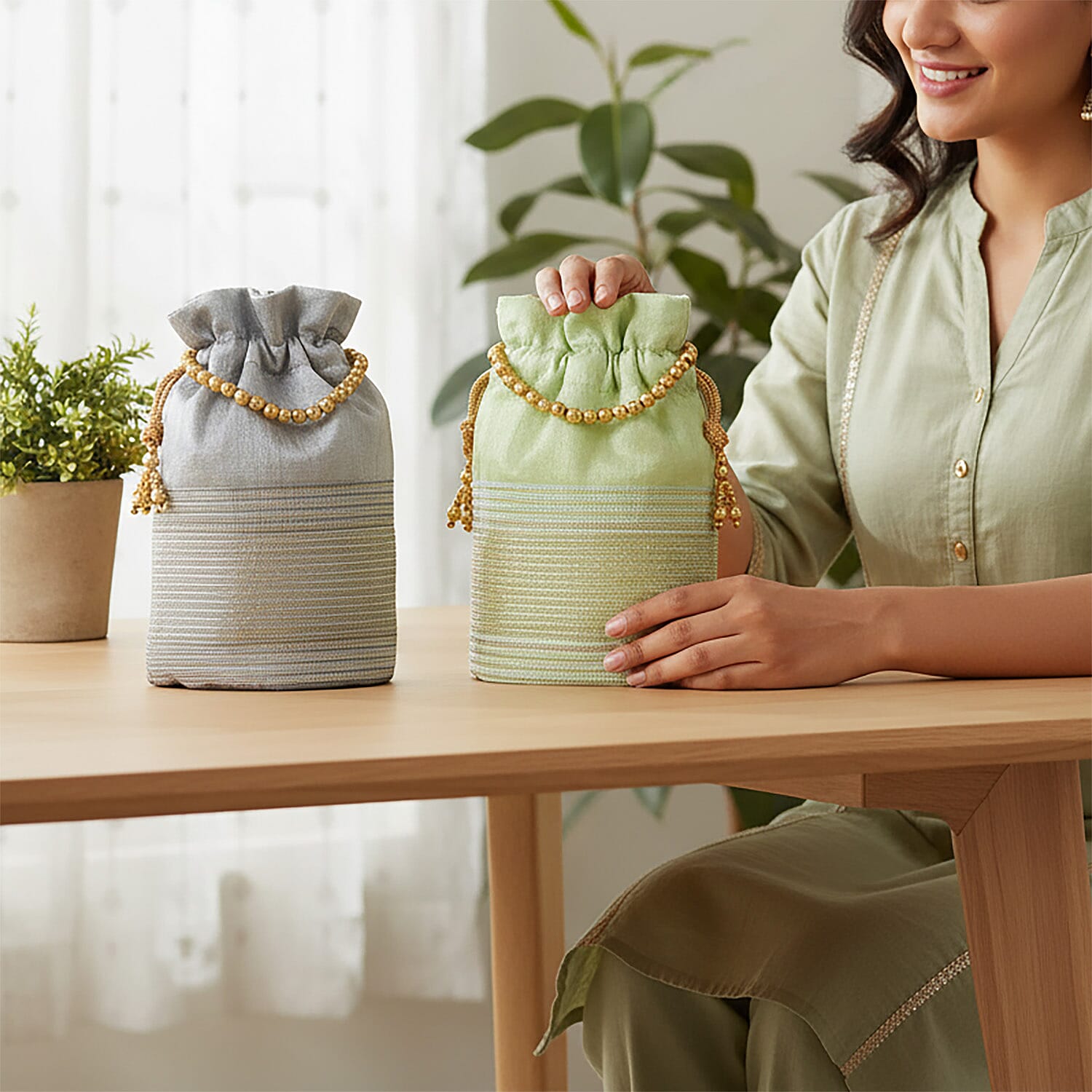 Livmore Silver Gray & Pistachio Set of 2 Handcrafted Zardozi Work Potli Bag