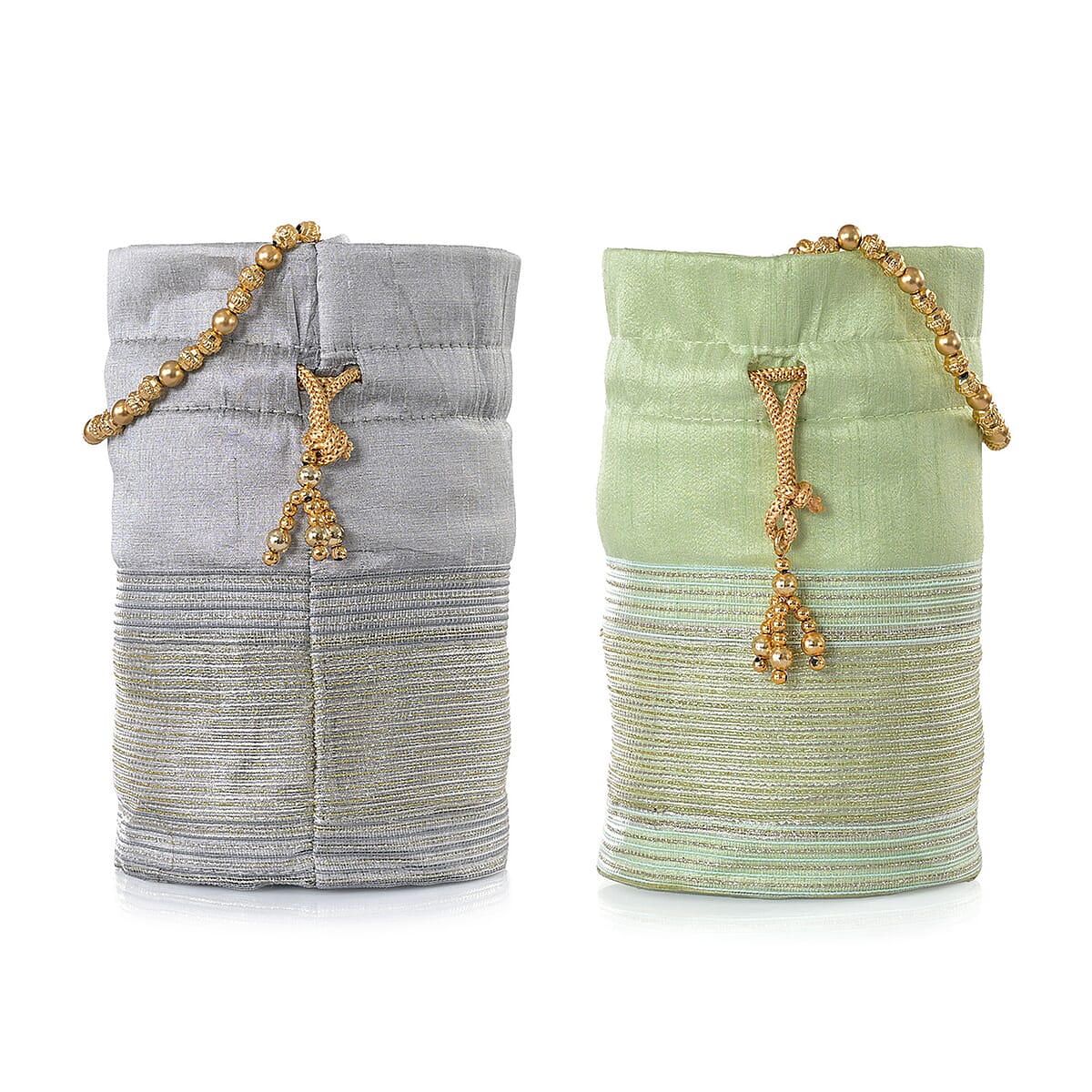Livmore Silver Gray & Pistachio Set of 2 Handcrafted Zardozi Work Potli Bag image number 8