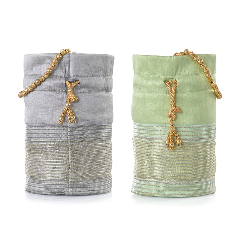 Livmore Silver Gray & Pistachio Set of 2 Handcrafted Zardozi Work Potli Bag
