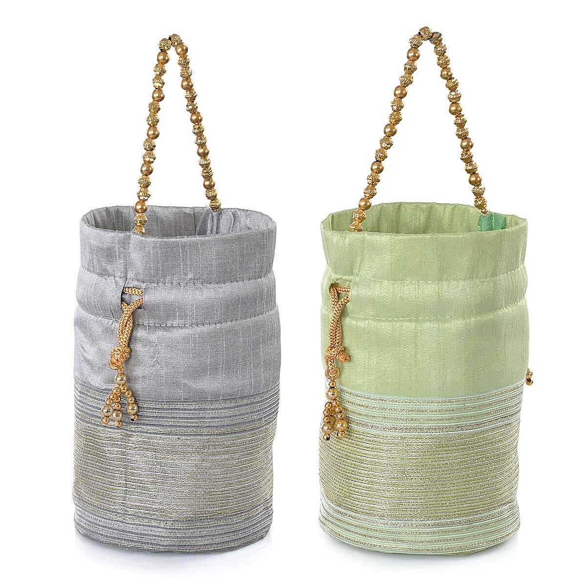 Livmore Silver Gray & Pistachio Set of 2 Handcrafted Zardozi Work Potli Bag image number 9