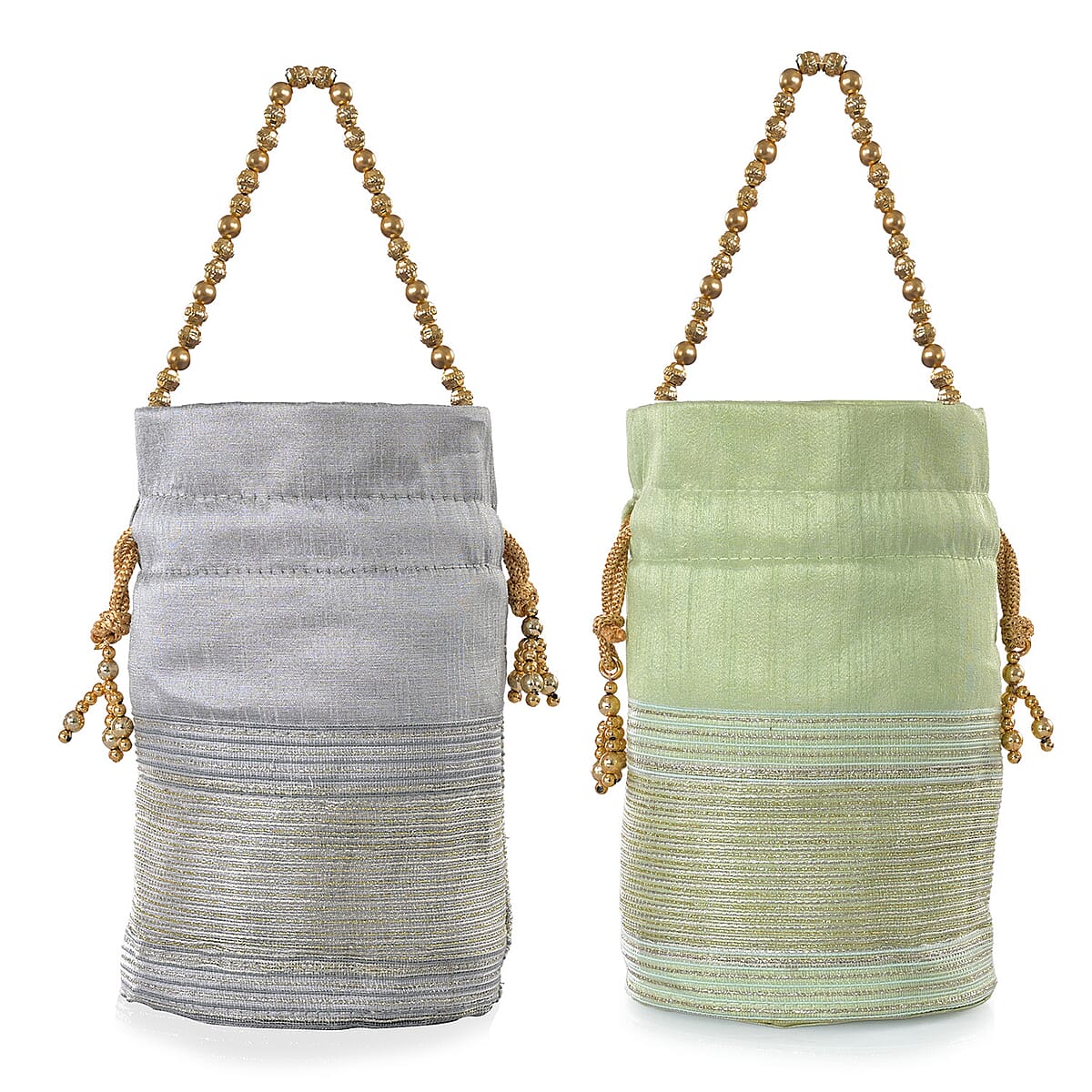 Livmore Silver Gray & Pistachio Set of 2 Handcrafted Zardozi Work Potli Bag image number 10