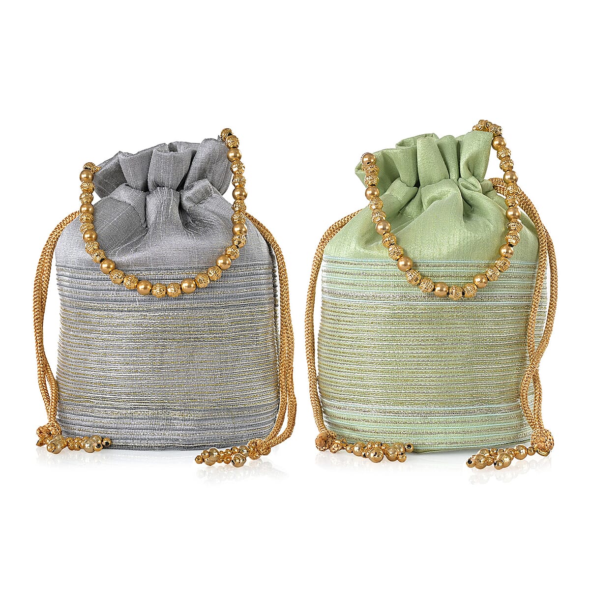 Livmore Silver Gray & Pistachio Set of 2 Handcrafted Zardozi Work Potli Bag image number 11