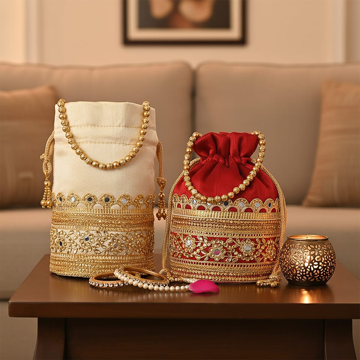 Livmore Maroon & Cream Set of 2 Handcrafted Zardozi Work Potli Bag image number 1