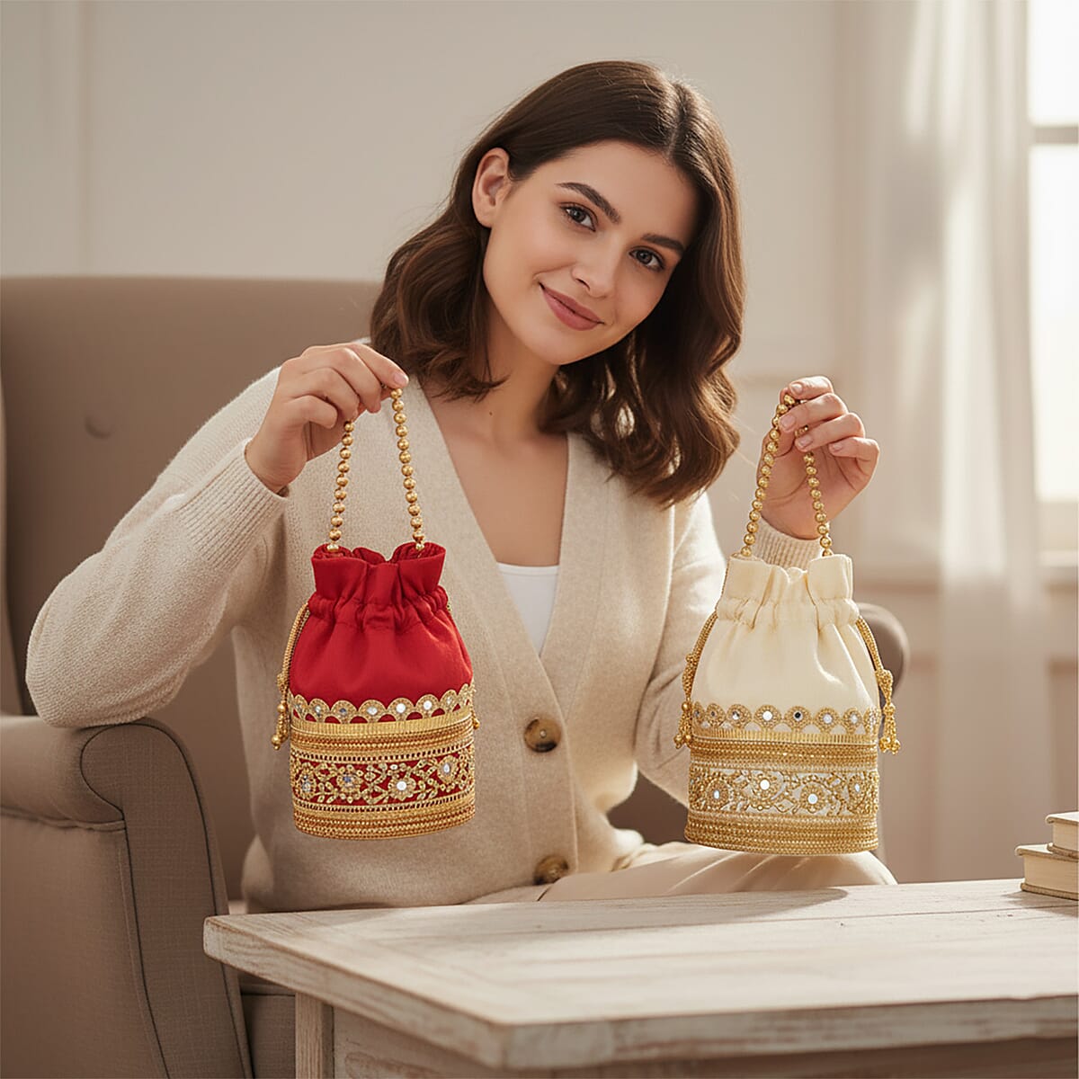 Livmore Maroon & Cream Set of 2 Handcrafted Zardozi Work Potli Bag image number 4