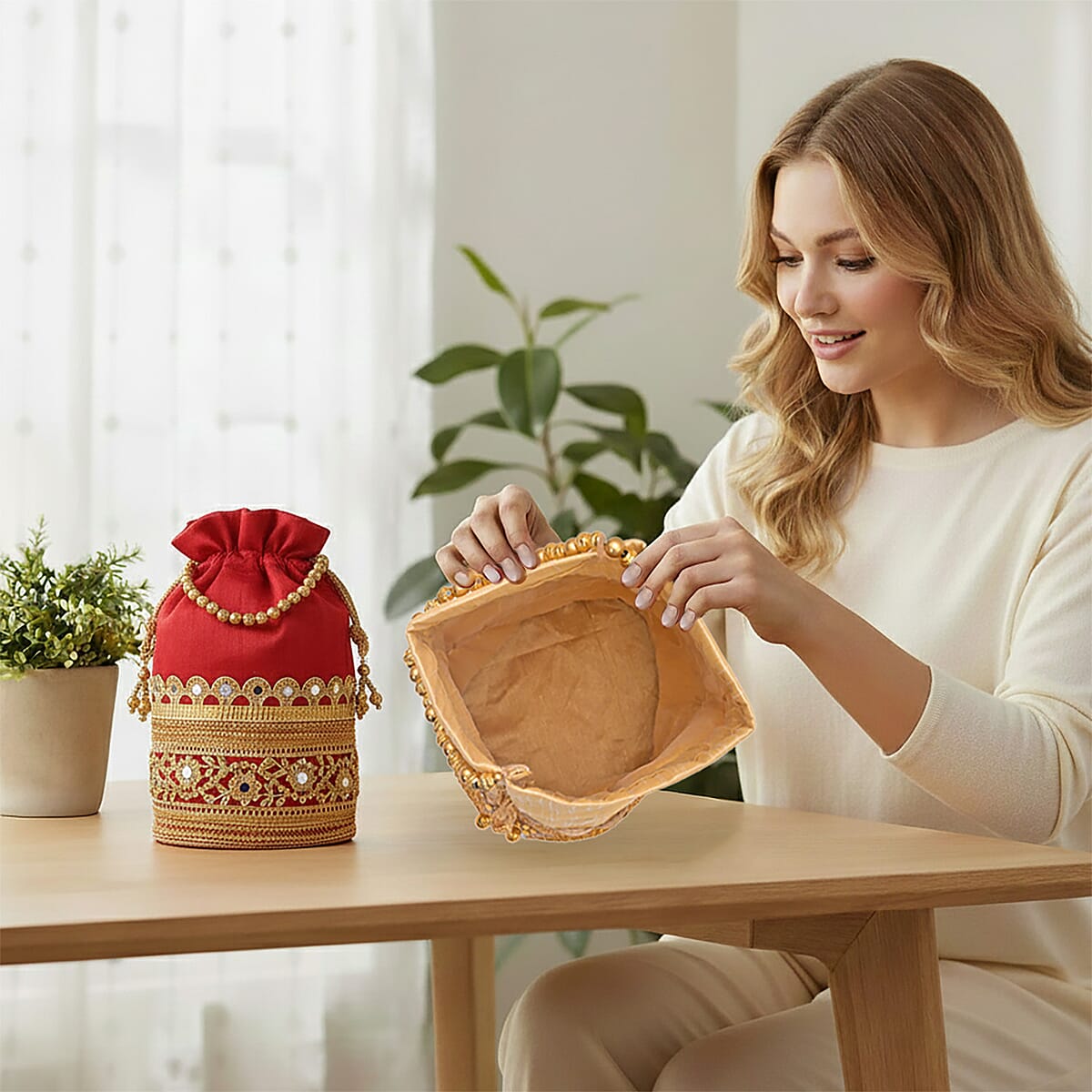 Livmore Maroon & Cream Set of 2 Handcrafted Zardozi Work Potli Bag image number 5