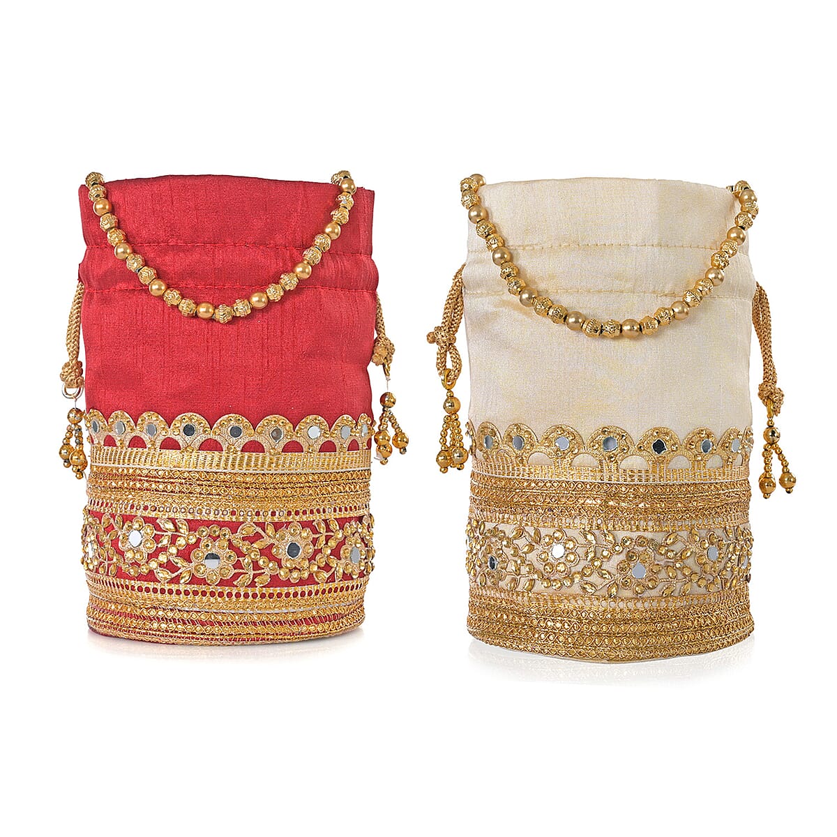 Livmore Maroon & Cream Set of 2 Handcrafted Zardozi Work Potli Bag image number 6