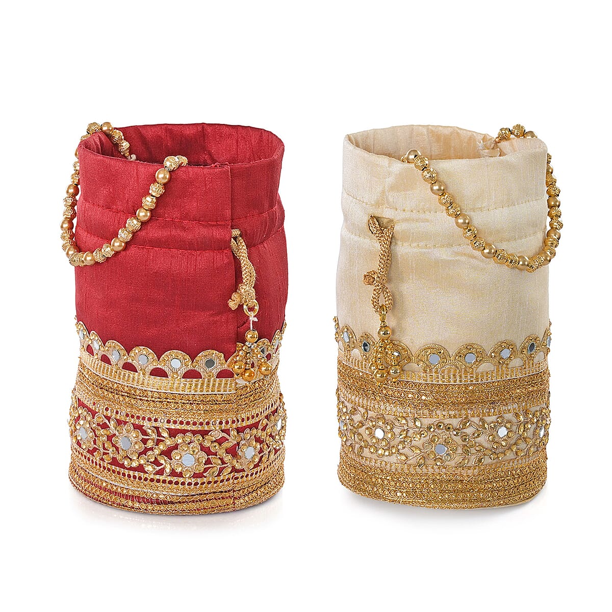 Livmore Maroon & Cream Set of 2 Handcrafted Zardozi Work Potli Bag image number 7