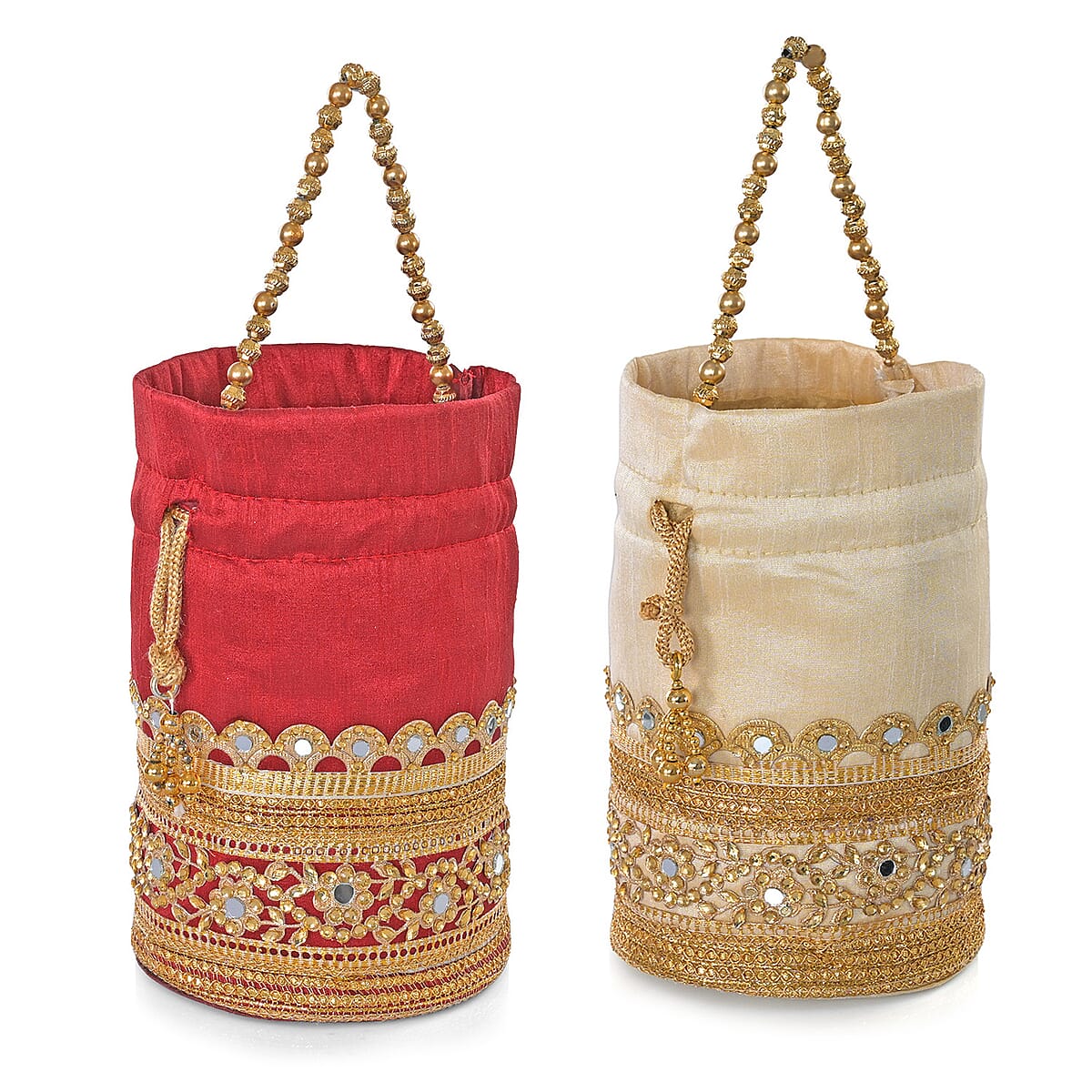 Livmore Maroon & Cream Set of 2 Handcrafted Zardozi Work Potli Bag image number 9
