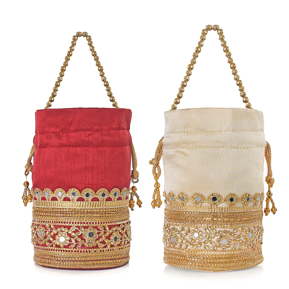 Livmore Maroon & Cream Set of 2 Handcrafted Zardozi Work Potli Bag image number 10