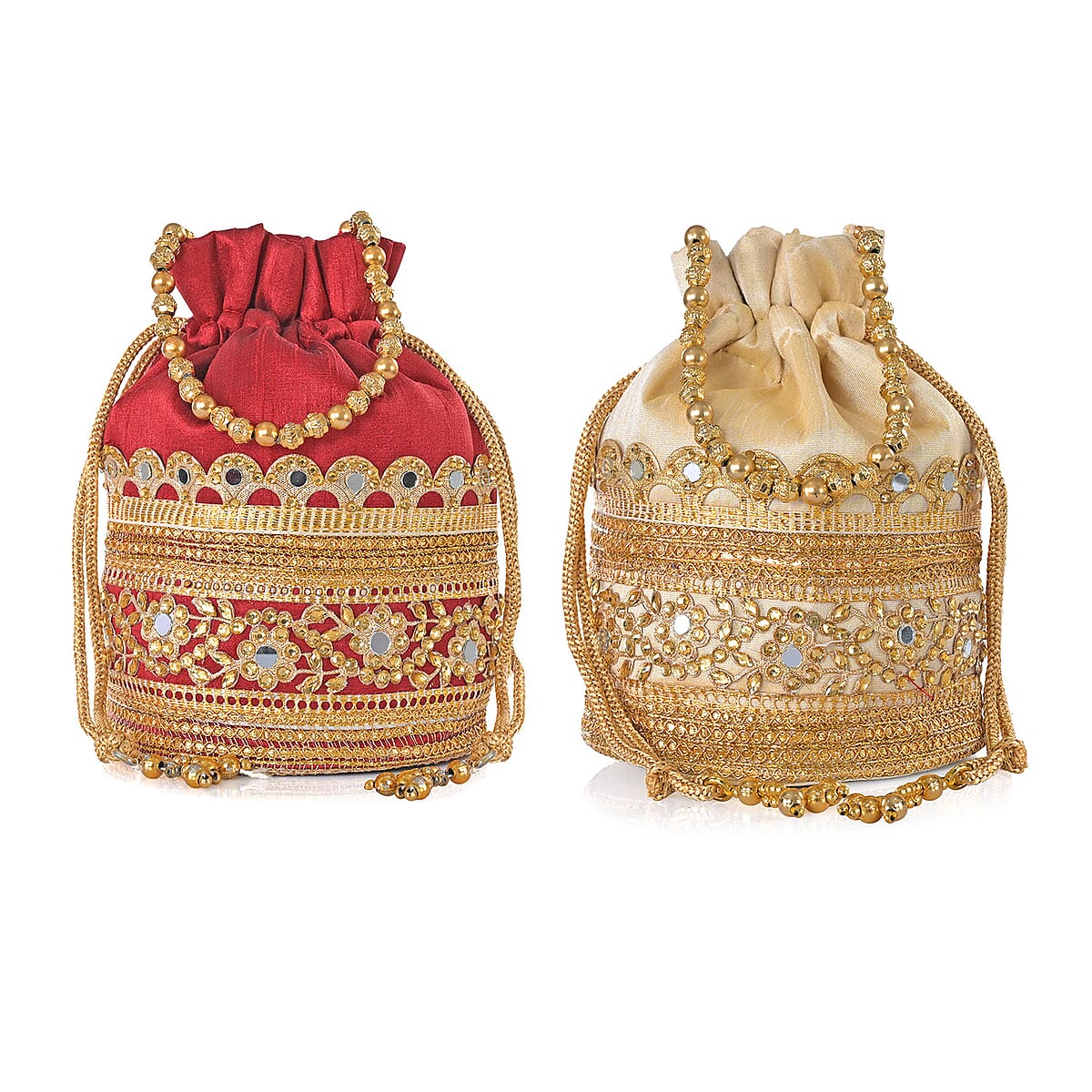 Livmore Maroon & Cream Set of 2 Handcrafted Zardozi Work Potli Bag image number 11