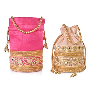 Livmore Baby Pink & Fuchsia Set of 2 Handcrafted Zardozi Work Potli Bag