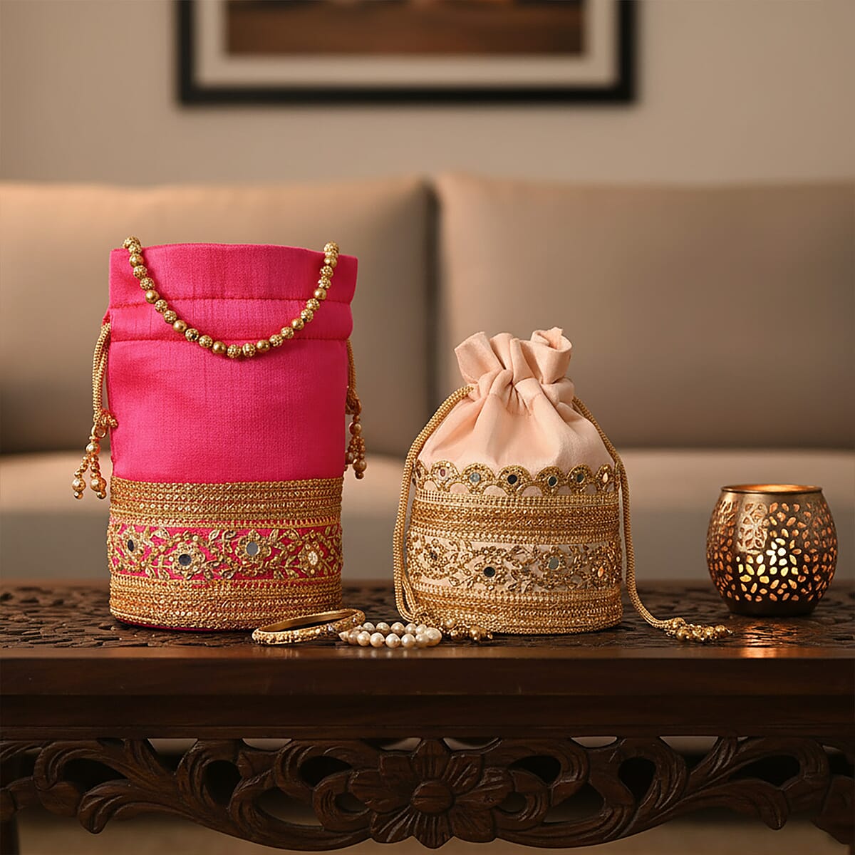 Livmore Baby Pink & Fuchsia Set of 2 Handcrafted Zardozi Work Potli Bag image number 1