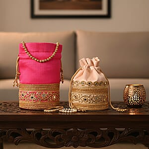 Livmore Baby Pink & Fuchsia Set of 2 Handcrafted Zardozi Work Potli Bag