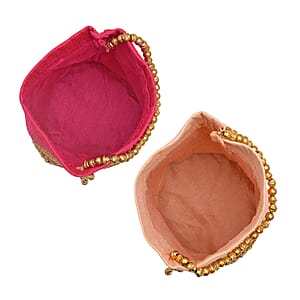 Livmore Baby Pink & Fuchsia Set of 2 Handcrafted Zardozi Work Potli Bag